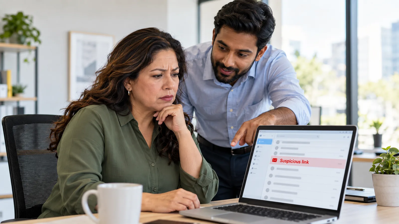 Two coworkers examining a suspicious email on a laptop, free email safety check for DFW businesses