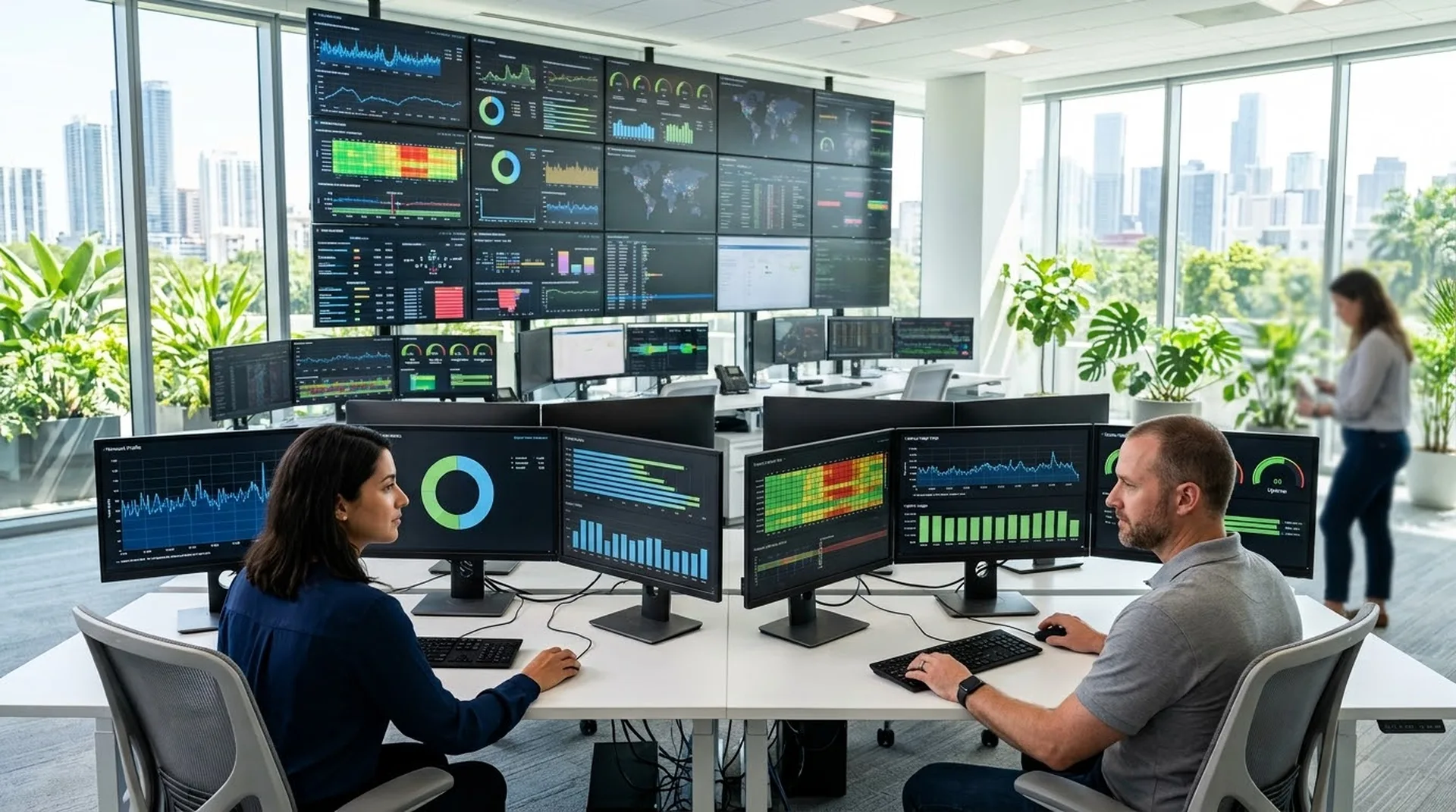 Network operations center staff at multi-monitor desks facing a large video wall, managed NOC services in Dallas-Fort Worth