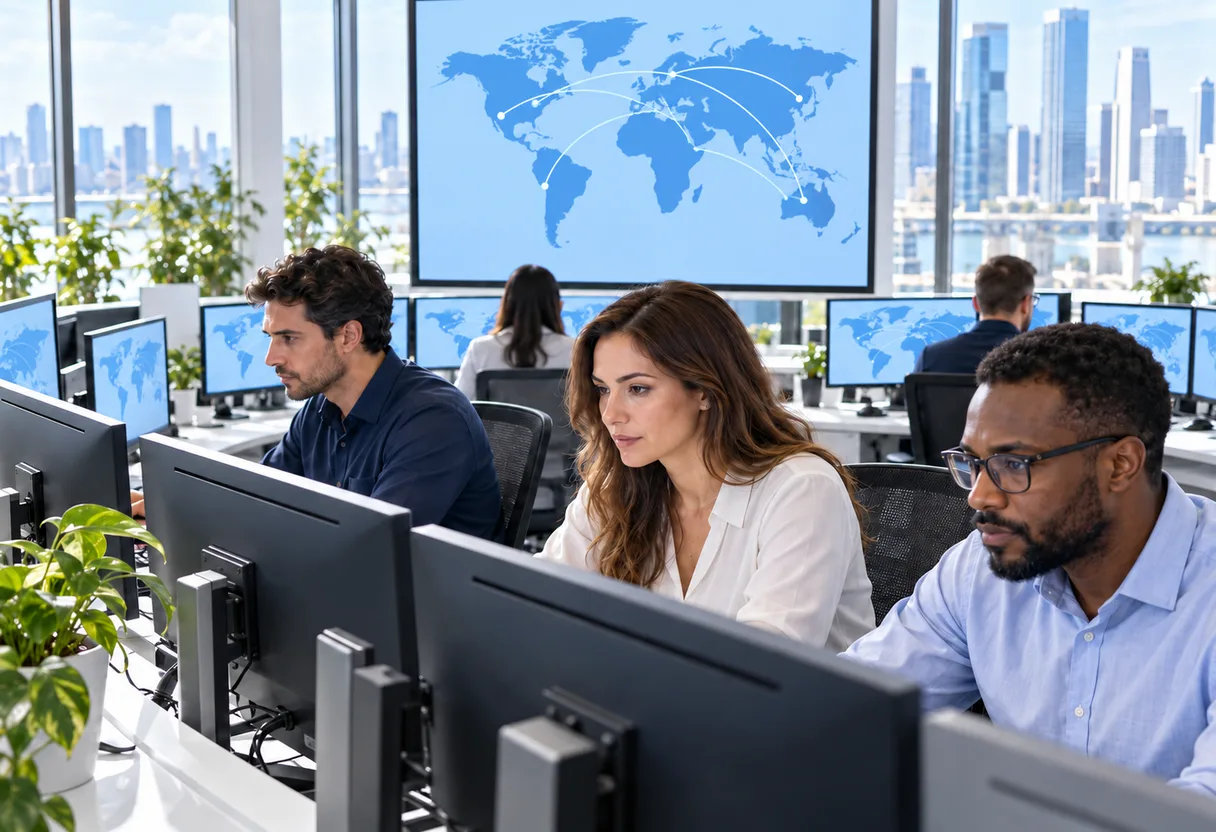 Security analysts at monitors with a world map screen, managed SOC and detection and response for Dallas-Fort Worth