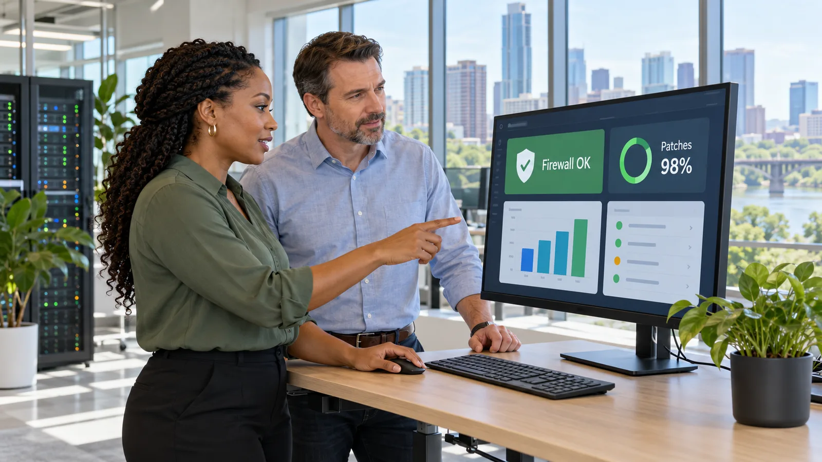 Two security engineers reviewing firewall and patch status on a monitor in a bright office
