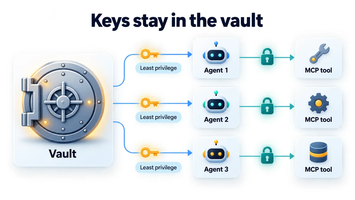 Diagram of a vault issuing least-privilege keys to three AI agents, each reaching its own MCP tool through a padlock