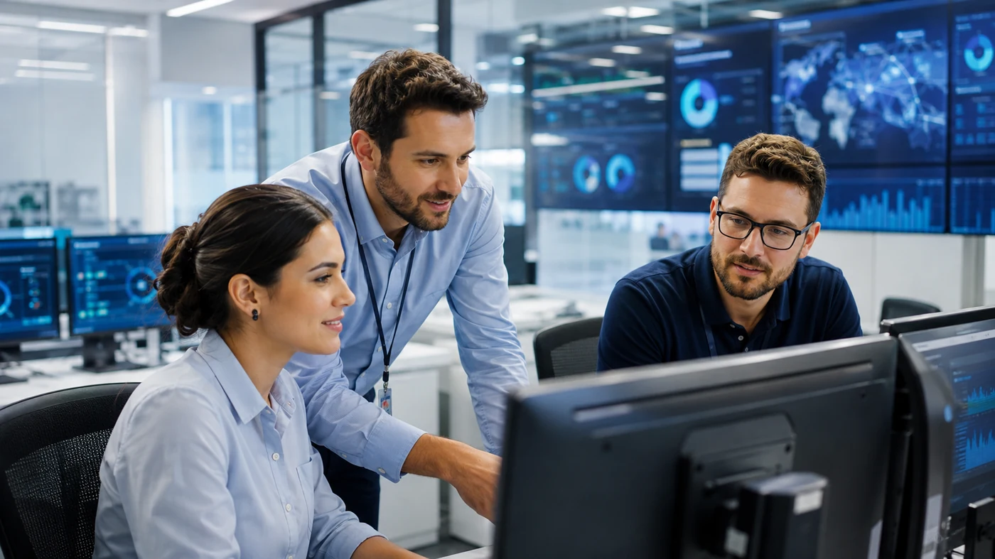 Security operations analysts reviewing monitoring dashboards in an operations center