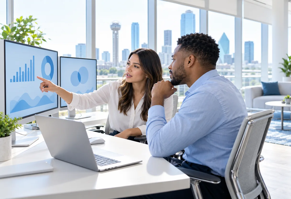 Two security analysts at a sunlit desk reviewing monitoring dashboards