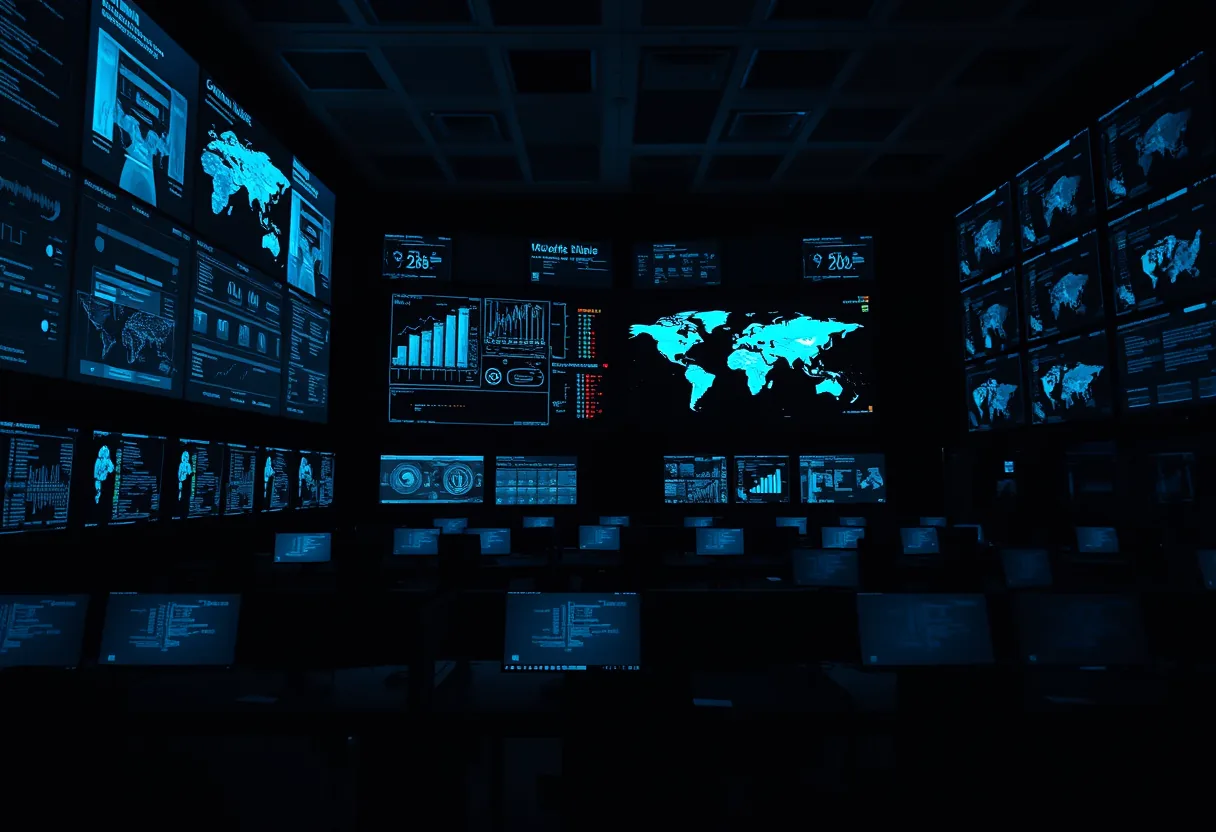 Security operations center with live threat dashboards