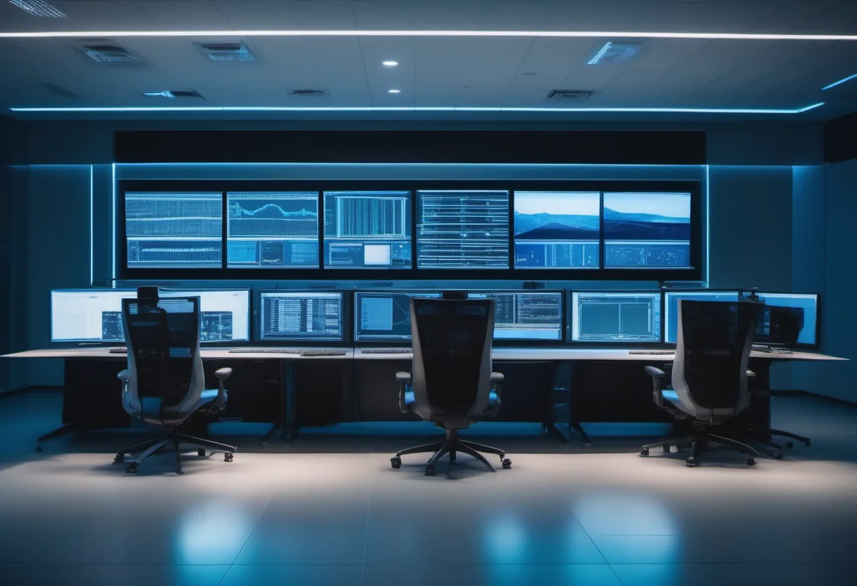 Security operations room with monitoring dashboards