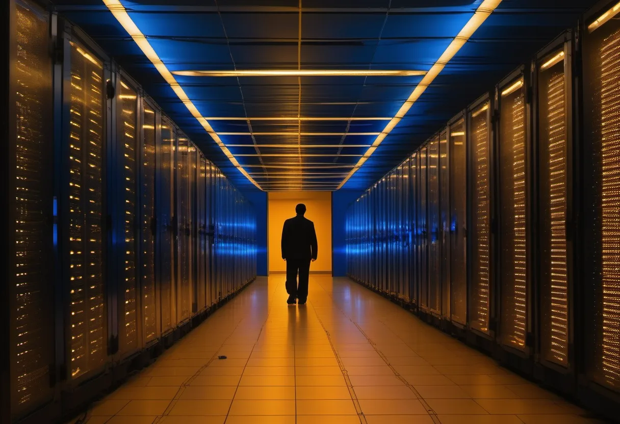 Technician walking through a server and network rack corridor reviewing a topology display