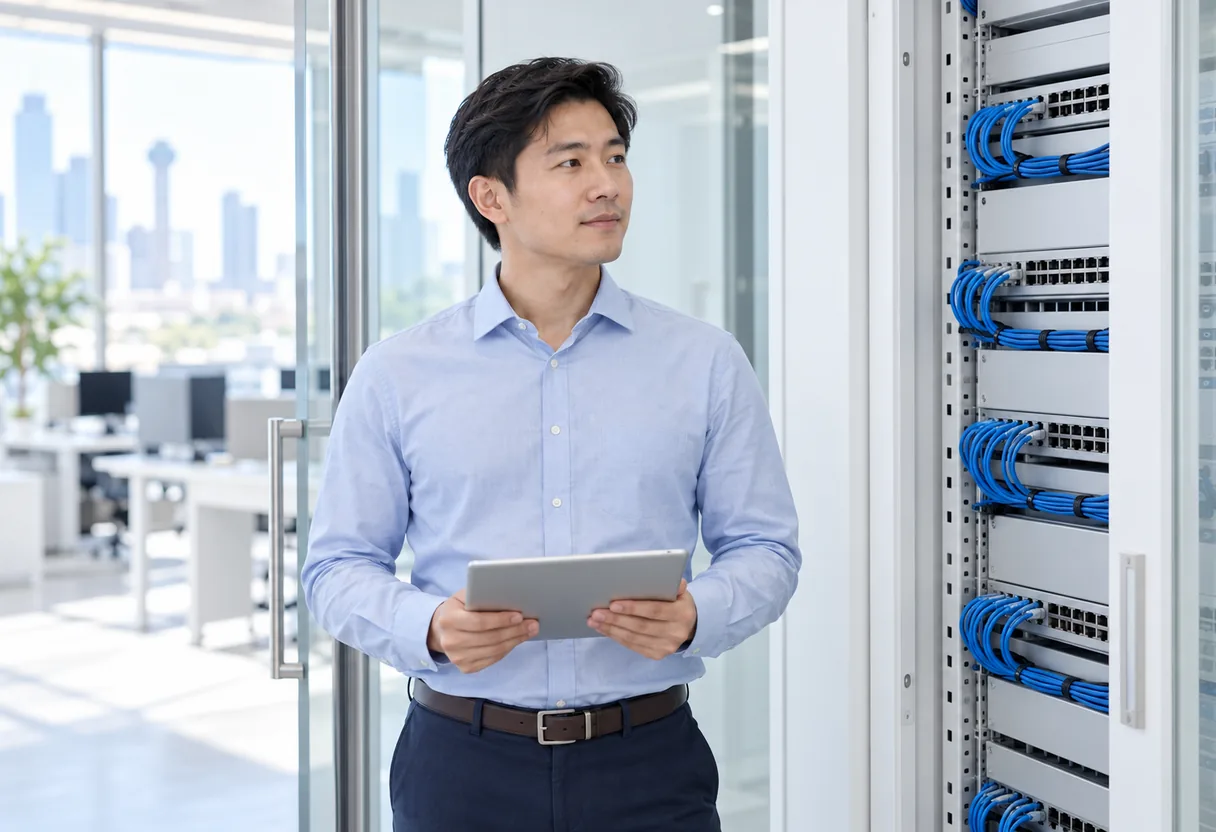 Technician walking through a server and network rack corridor reviewing a topology display