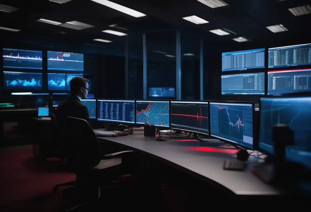 Security analyst reviewing threat-intelligence dashboards on a multi-monitor workstation