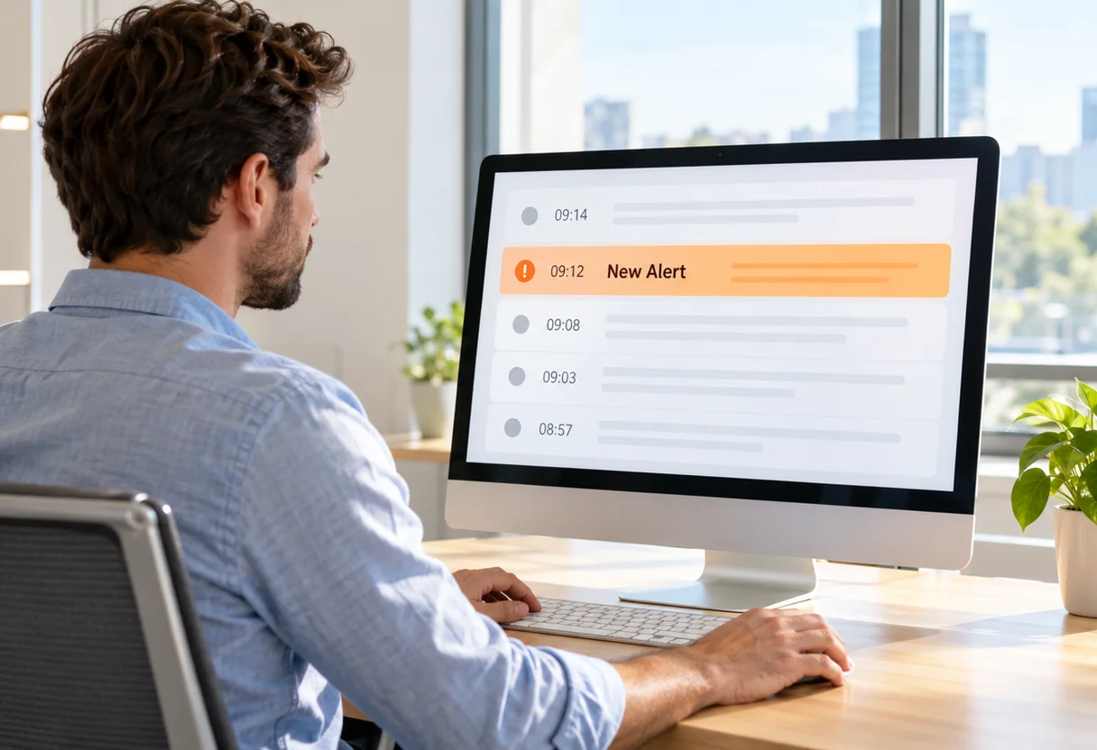 Analyst reviewing a live alert feed with a new alert highlighted in orange