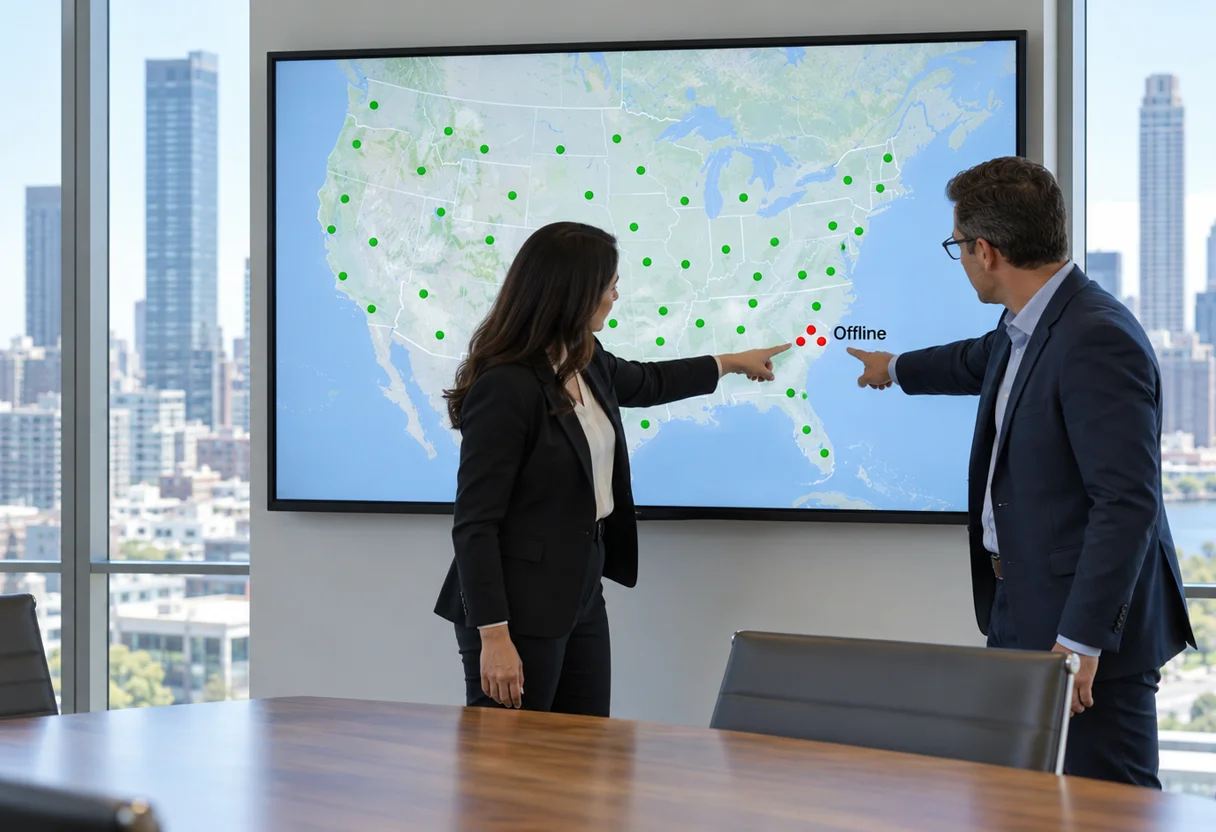 Two colleagues pointing at a US site-status map with dozens of healthy green sites and a small cluster of offline sites flagged red