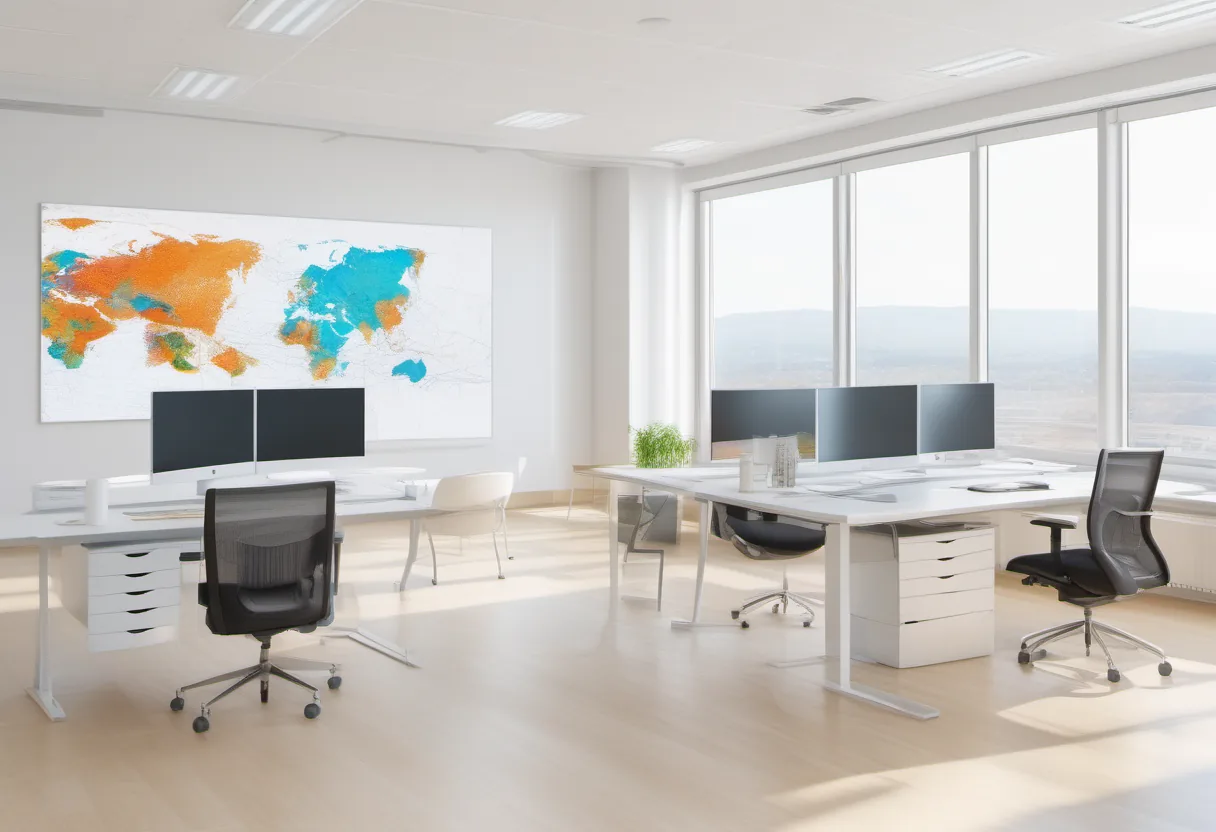 Bright office with multiple computer monitors, white desks, black chairs