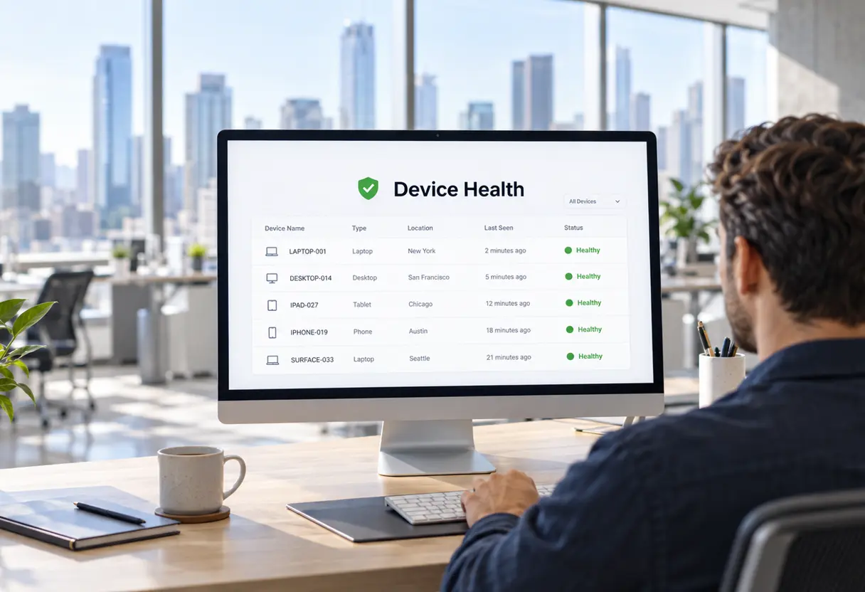Analyst reviewing a device health list showing laptop, desktop, phone, tablet, and router all healthy