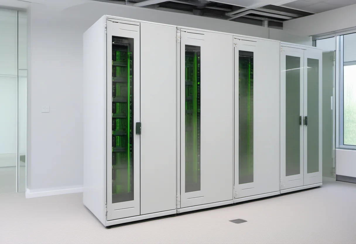 White server racks with green lights in a bright room