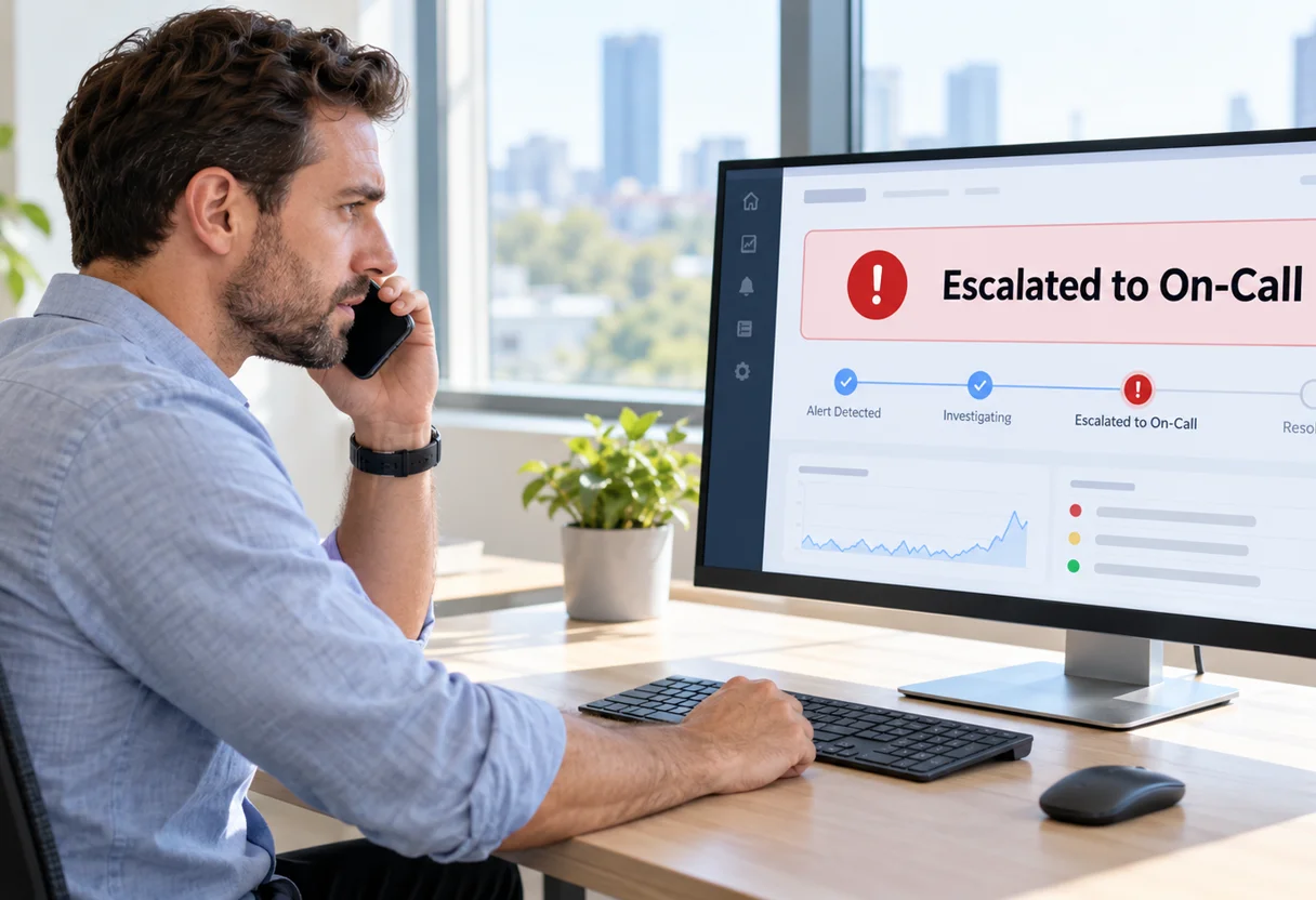 Analyst on the phone reviewing an alert escalation screen showing the issue escalated to on-call