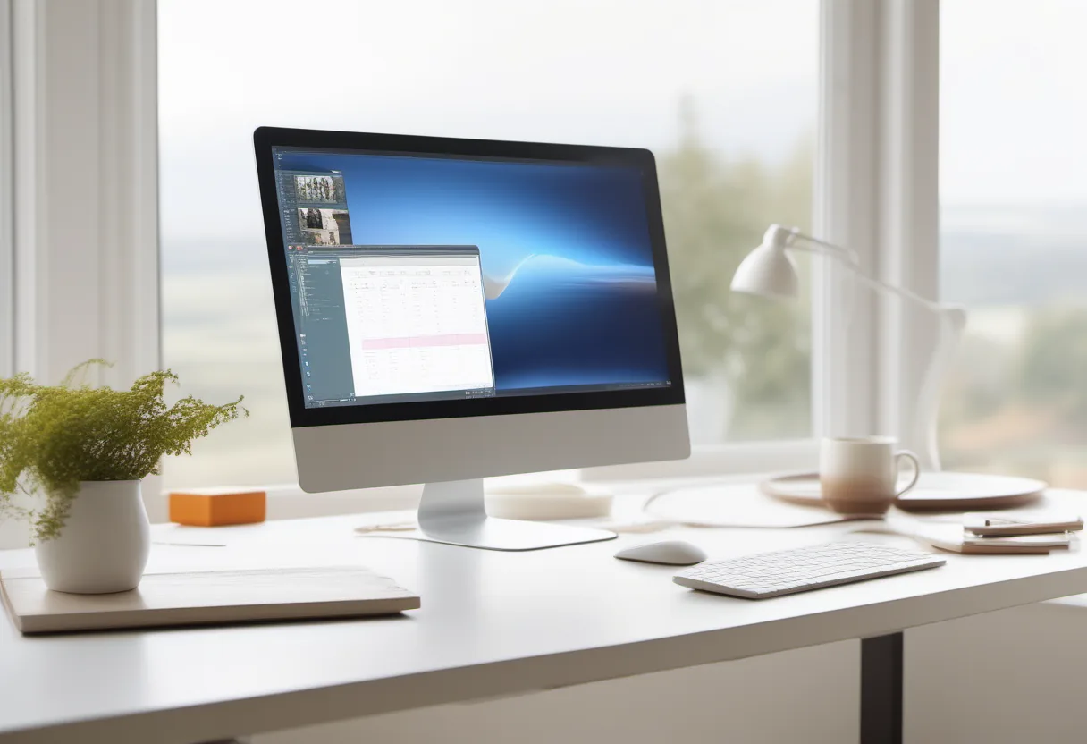 A bright office desk with a monitor showing software interface