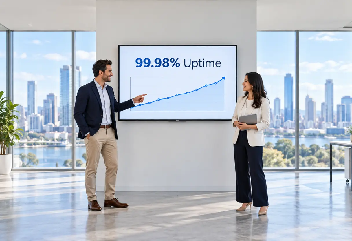 Two colleagues reviewing a wall screen showing 99.98 percent uptime and a rising capacity trend chart