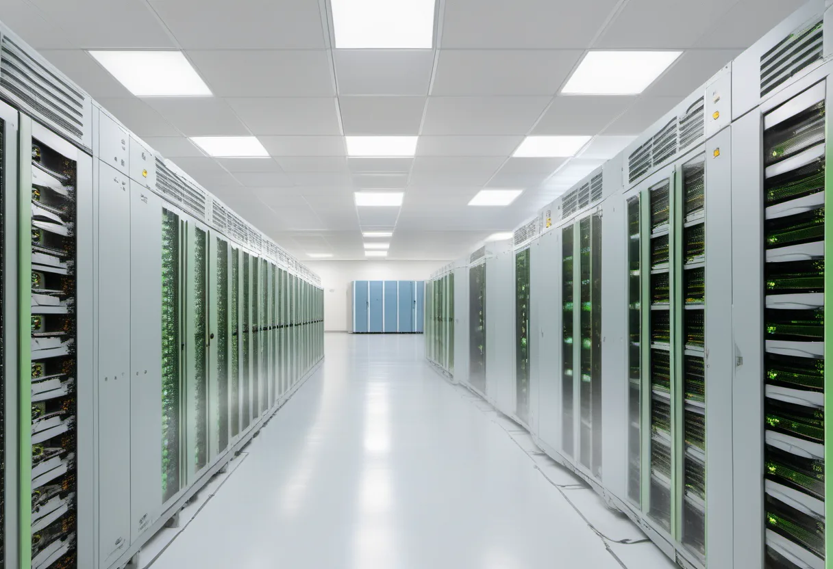 A bright equipment room with rows of server hardware