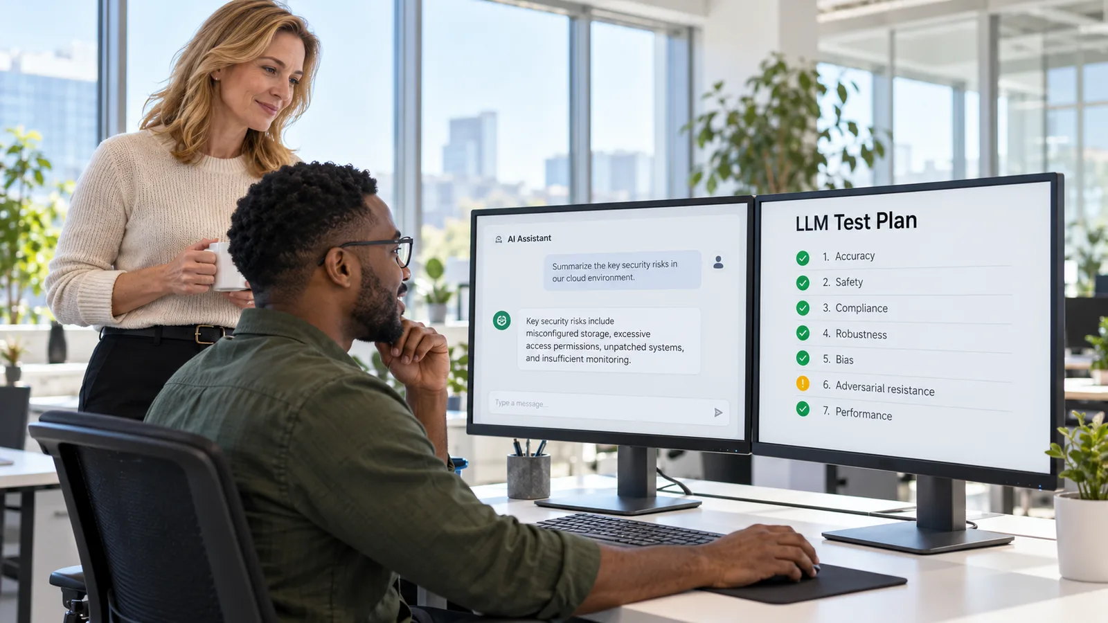 Security consultant testing a company AI assistant against an LLM test plan while a colleague looks on
