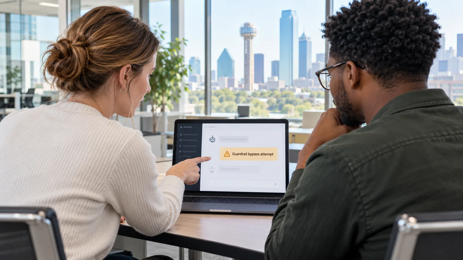 Security tester and developer reviewing an AI chatbot on a laptop that shows a guardrail bypass attempt warning, Dallas skyline outside