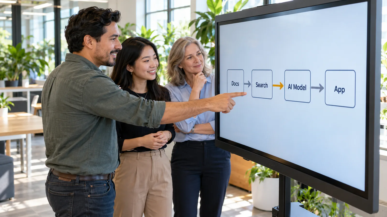 Three colleagues at a large wall display reviewing a data pipeline diagram from documents to search to AI model to app