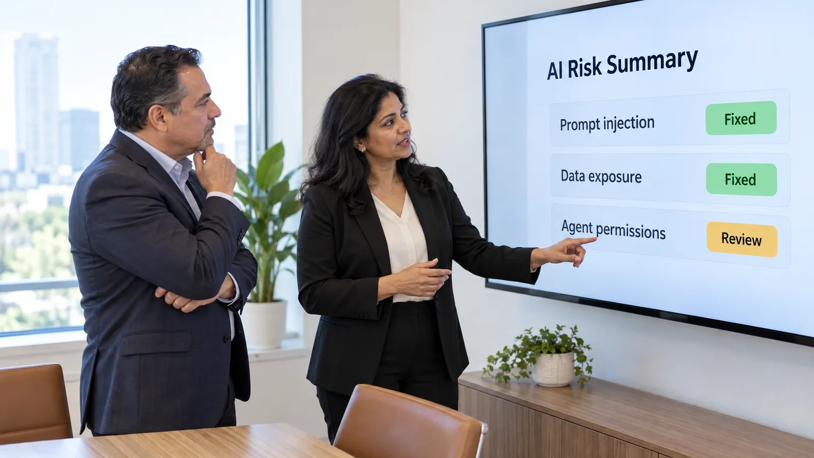 Compliance lead walking a business owner through an AI risk summary showing prompt injection and data exposure fixed and agent permissions under review