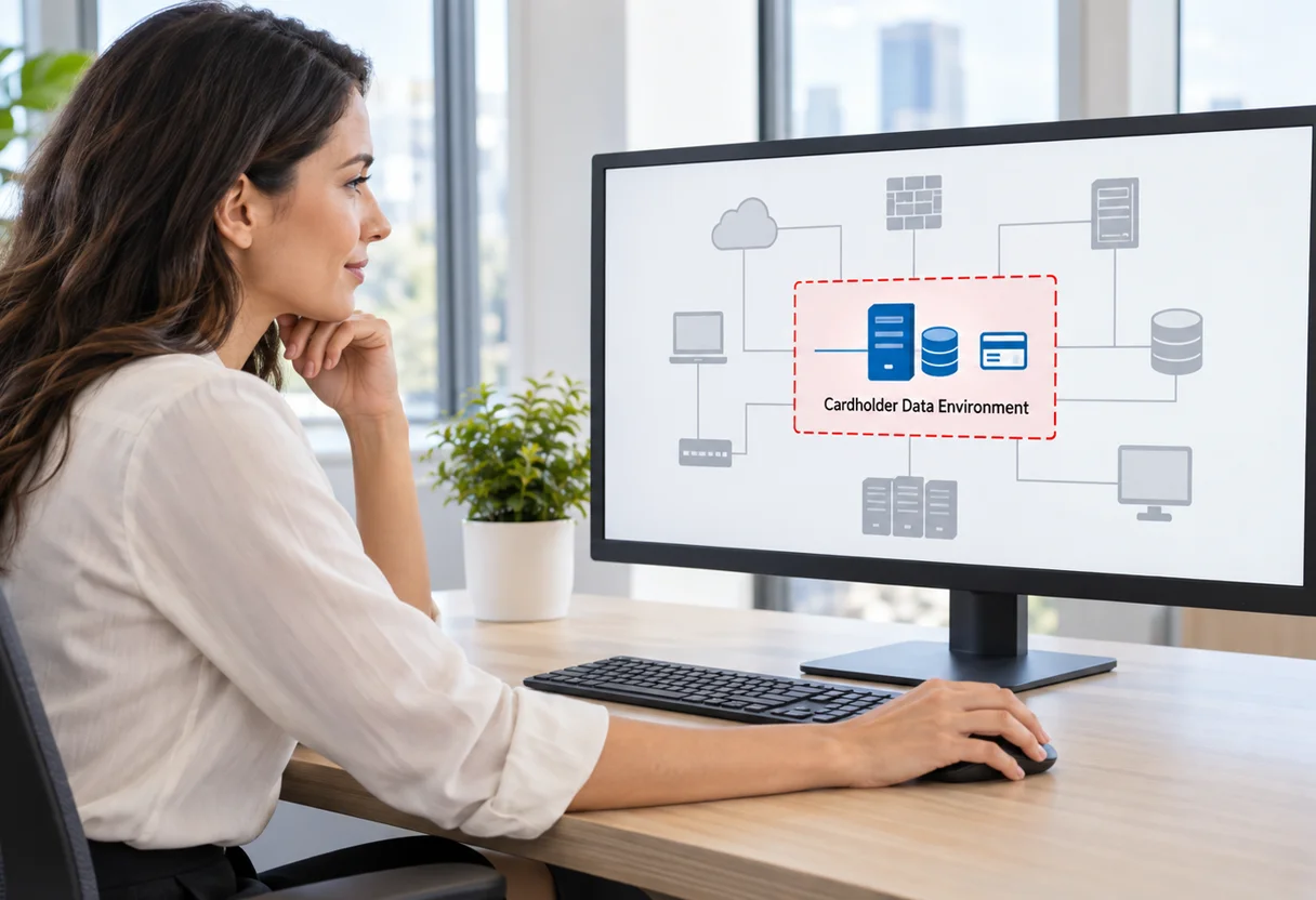 Compliance analyst reviewing a cardholder data environment diagram highlighting the PCI DSS scope boundary