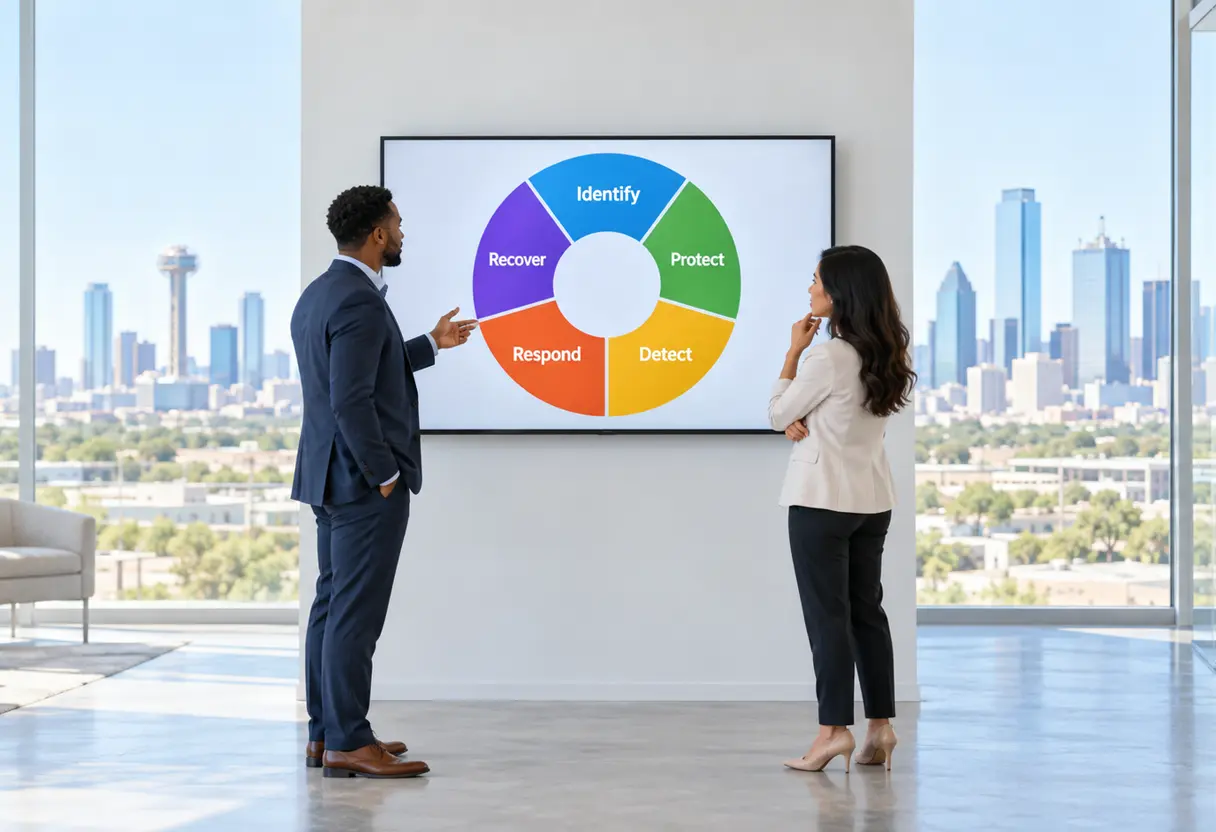 Two colleagues reviewing a NIST Cybersecurity Framework wheel with Identify, Protect, Detect, Respond and Recover segments