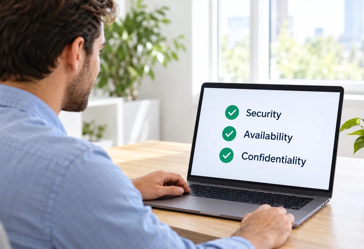 Professional reviewing a SOC 2 Trust Services Criteria checklist on a laptop showing Security, Availability and Confidentiality