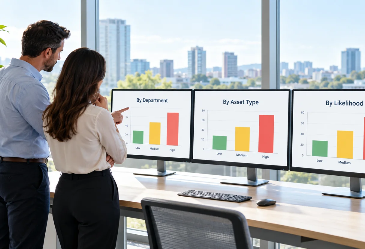 Two colleagues reviewing risk-ranked bar charts by department, asset type and likelihood across three monitors