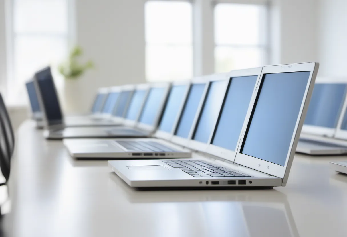 Row of silver laptops on a pale desk in a bright daylit office