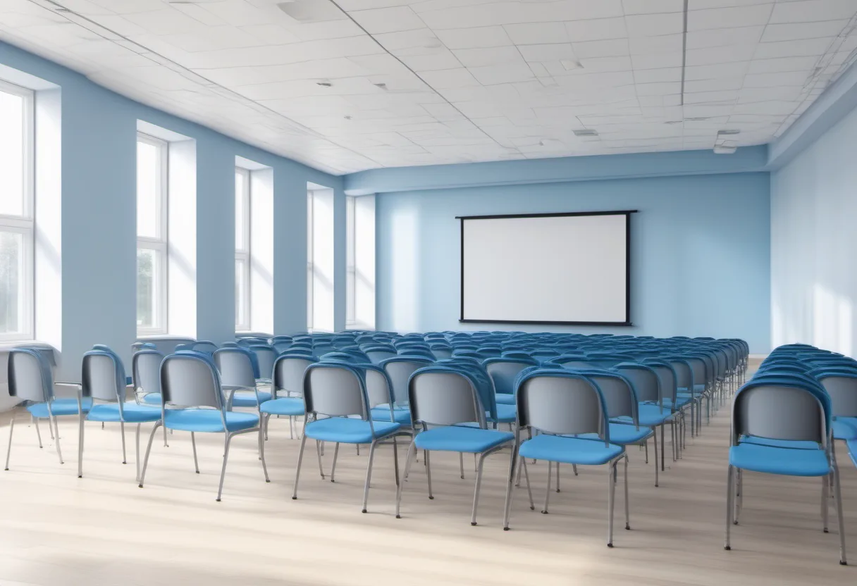 Empty corporate training room with chairs facing a blank projection screen