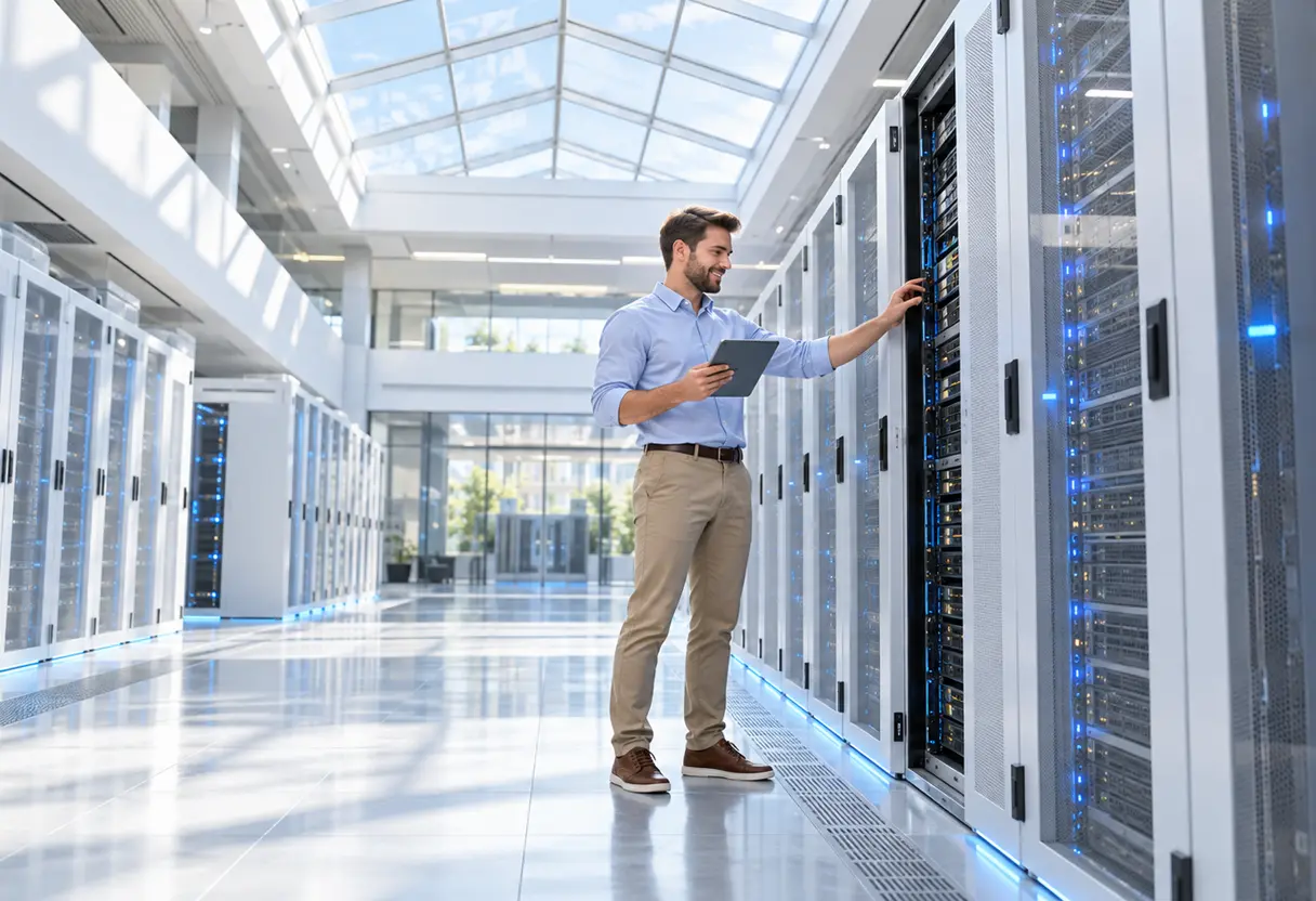 A technician inspects equipment in a bright modern server room