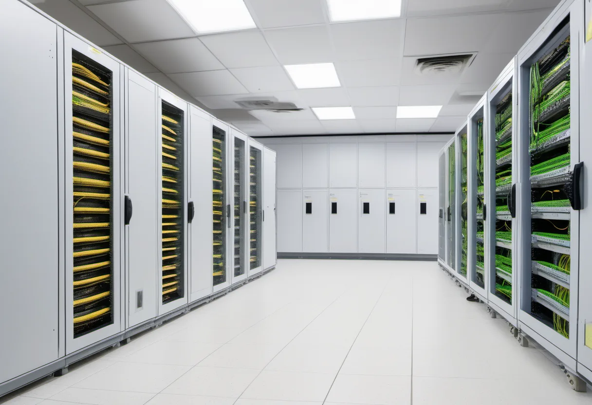 Rows of server racks with cables inside