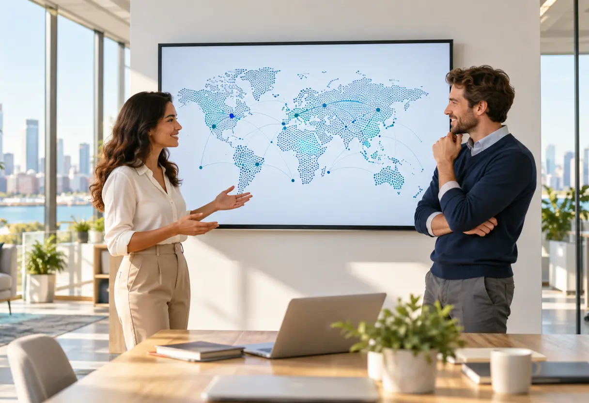 Two analysts review a world map threat dashboard on a wall monitor in a bright office