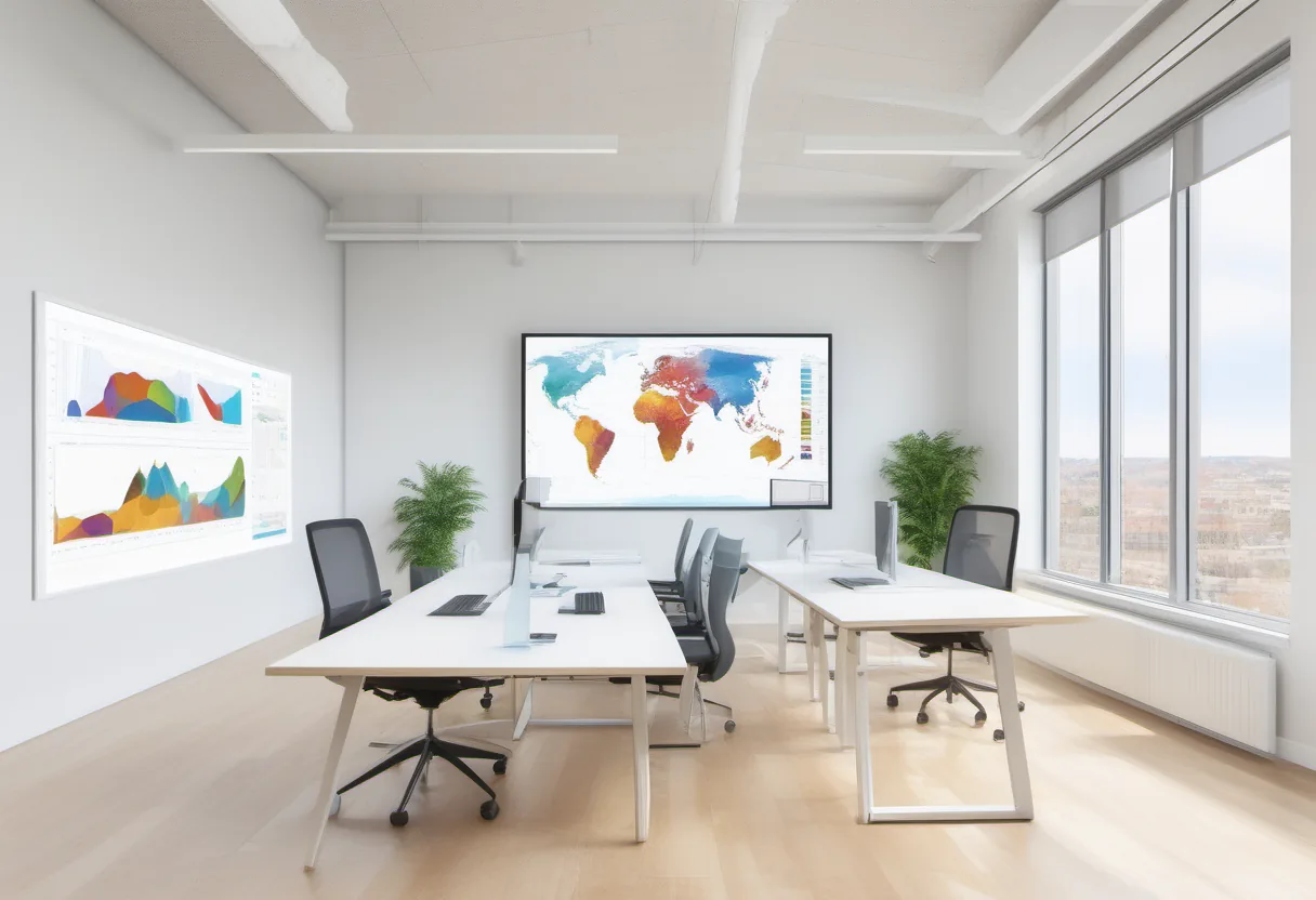 A bright office with multiple computer monitors and world map
