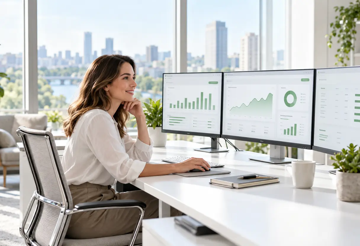 A professional reviews a security dashboard on multiple monitors at a bright white desk