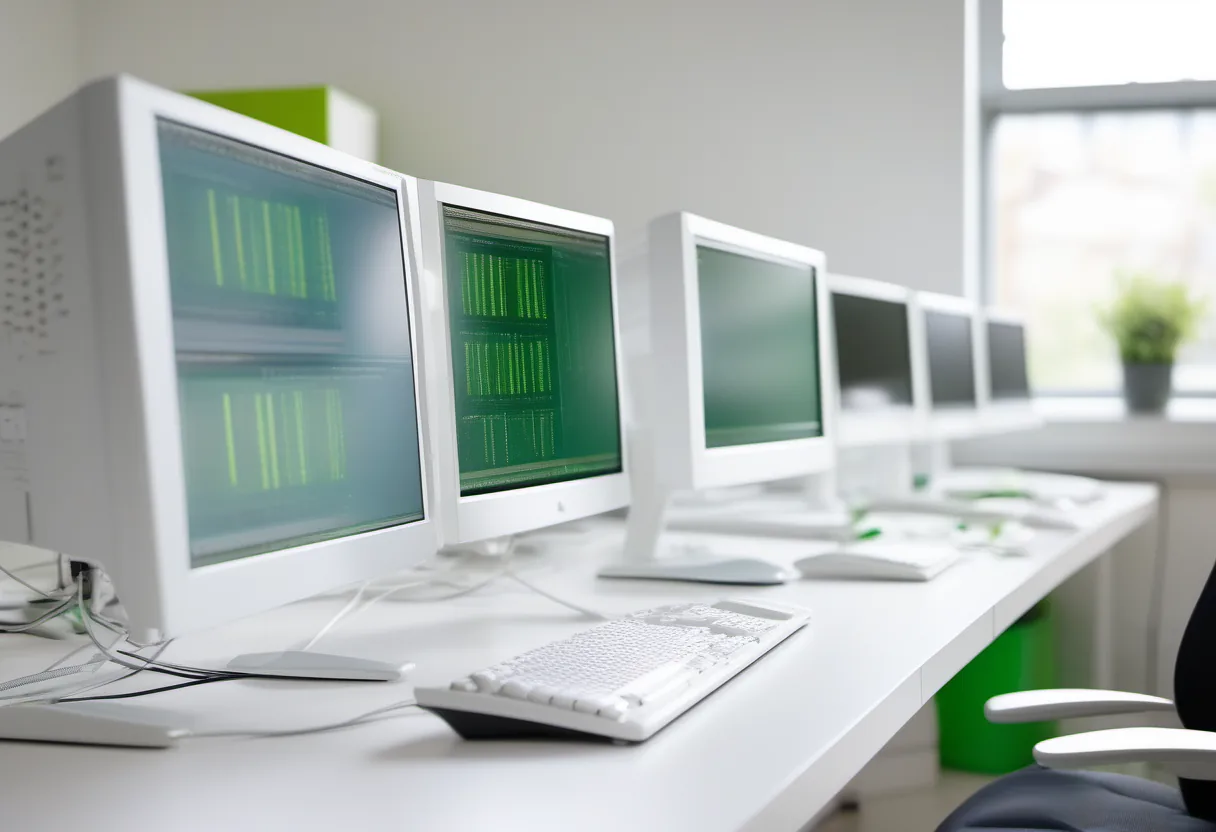 White desk with multiple monitors displaying green software interface