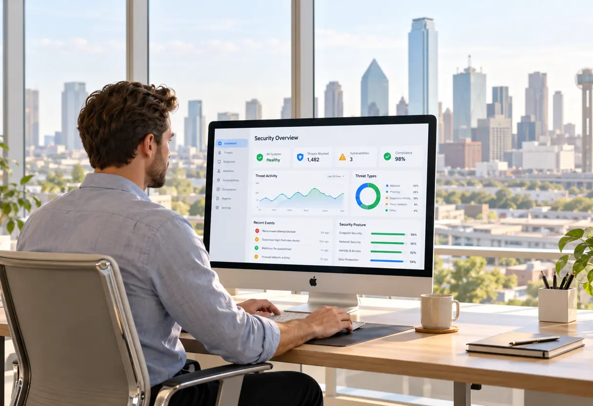 A professional works at a desk with a security dashboard displayed on an iMac, Dallas-Fort Worth skyline visible outside