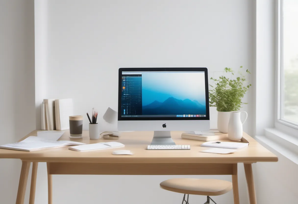 A desk with an iMac displaying a mountain image