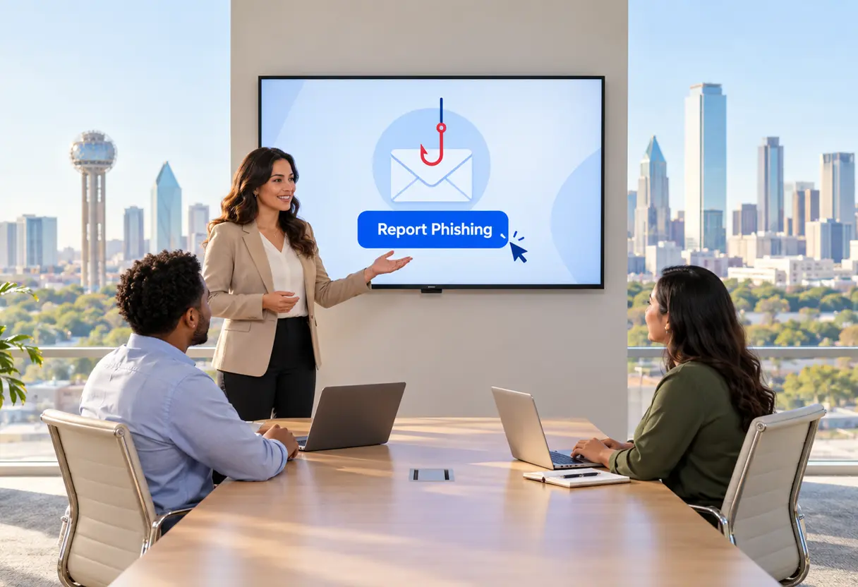 A facilitator presents a phishing-awareness slide with a Report Phishing button to two coworkers in a bright training room