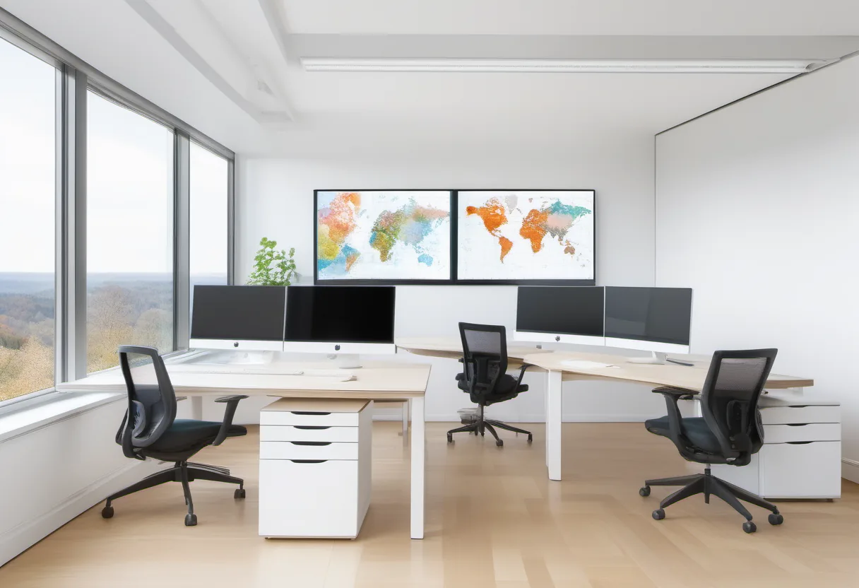 Bright office with multiple computer monitors