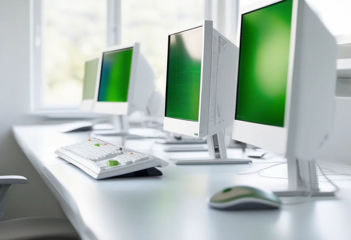 White desk with multiple monitors showing green screens