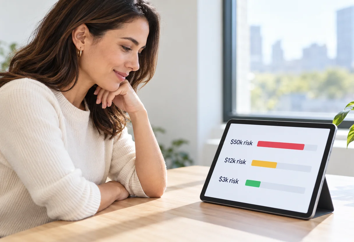 Woman reviewing a ranked list of security weaknesses on a tablet, each labeled with its estimated cost