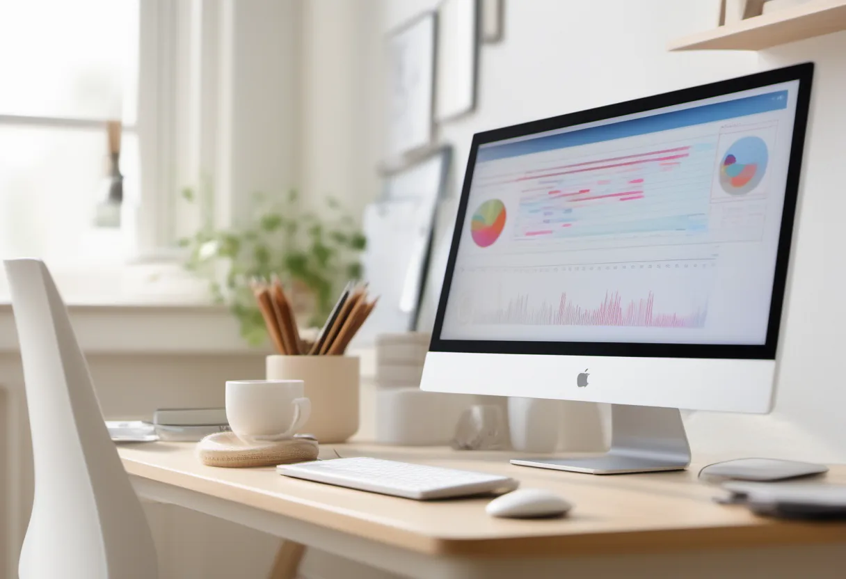 A bright office desk with a monitor showing a document or software interface