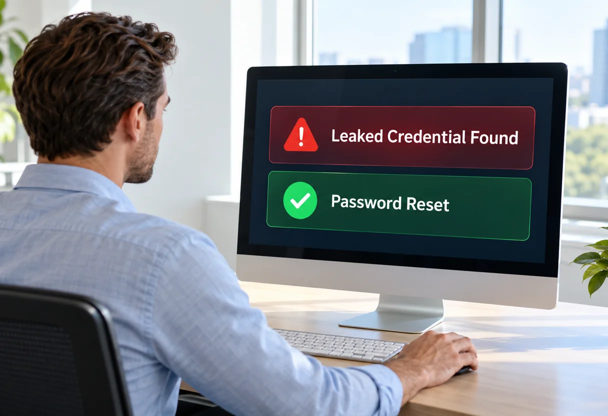 Desktop monitor showing a leaked credential alert next to a confirmed password reset notice
