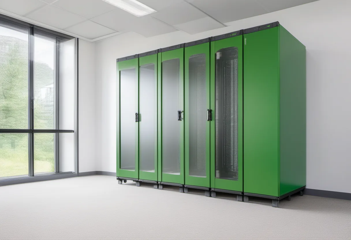 Green server racks in a bright room with large windows