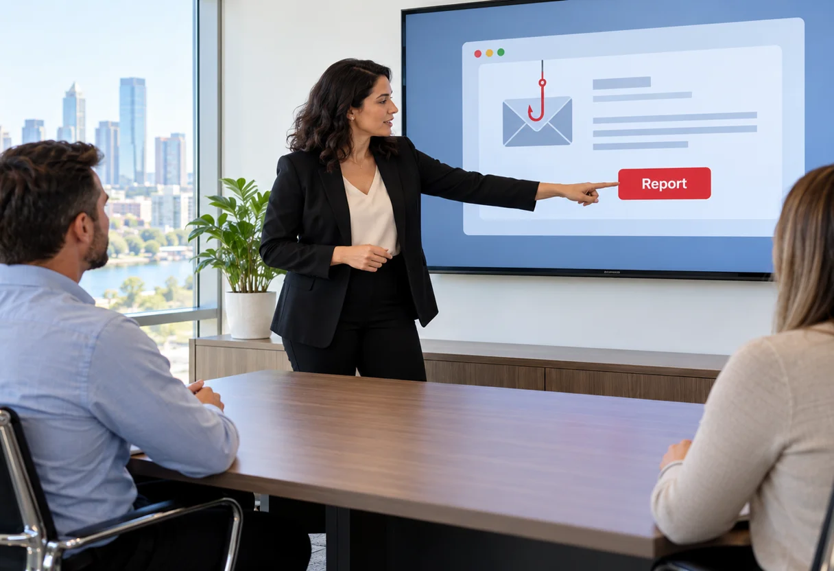 Trainer pointing to a phishing simulation email with a Report button while employees look on