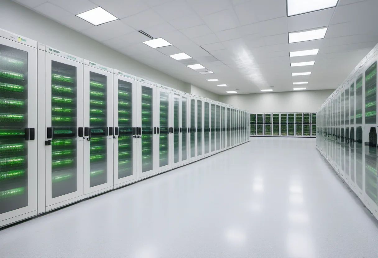 Rows of server racks with green lights in a clean, white room