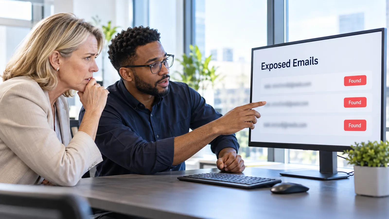 Security analyst showing an office manager a list of exposed email addresses found on the dark web