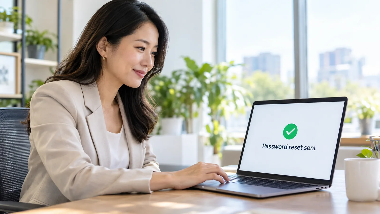 IT admin resetting a password on a laptop with a password reset sent confirmation on screen